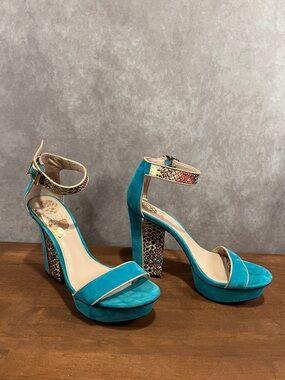 Vince Camuto Turquoise Suede Platform Ankle-Strap Platform Heels size 9